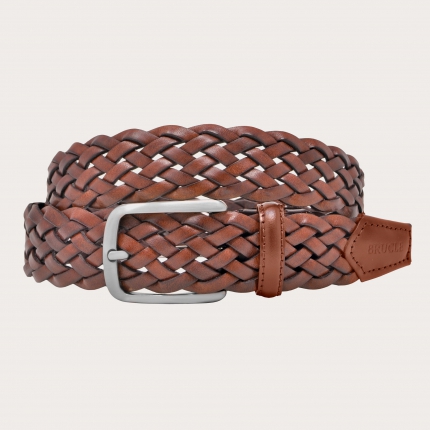 Braided genuine leather belt, cognac brown