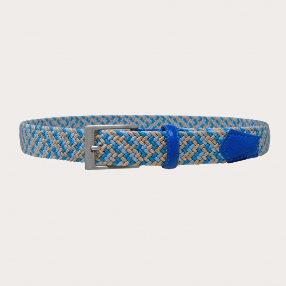 Braided elastic stretch belt, tones of blue and beige