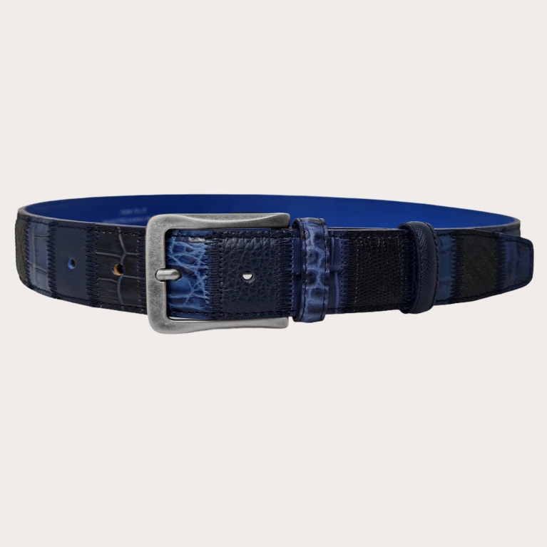 Exclusive patchwork belt in shades of blue