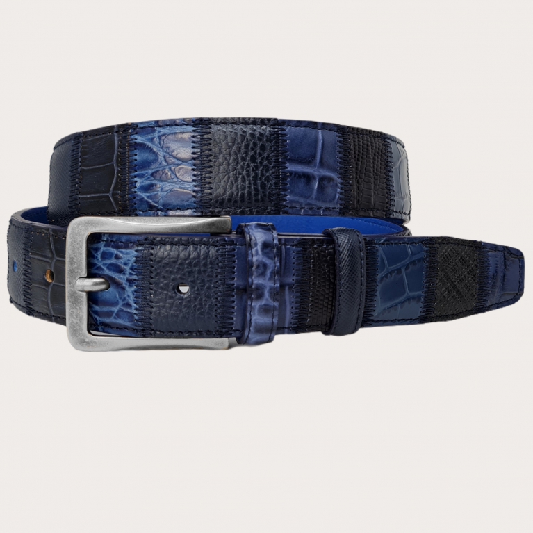 Exclusive patchwork belt in shades of blue
