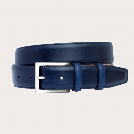 Genuine handbuffered leather belt, blue, nickel free
