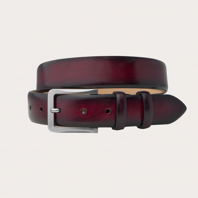 Exclusive belt in hand-buffered and shaded leather, burgundy