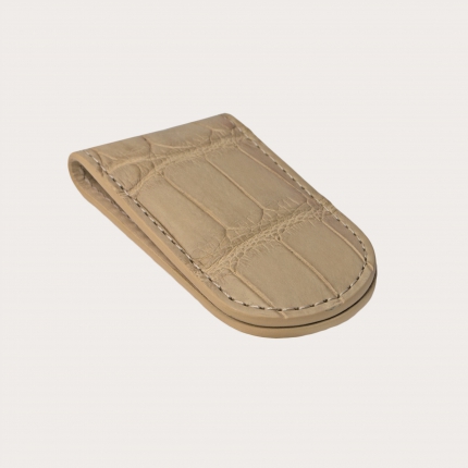 BRUCLE Refined money clip in matte real alligator, sand