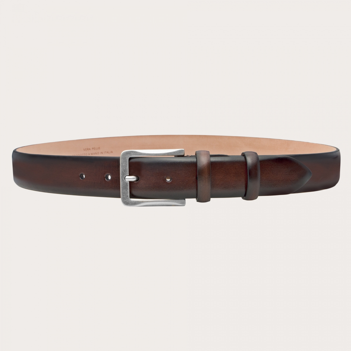 BRUCLE Elegante cinturón clásico en piel pulida y sombreada a mano, marrón