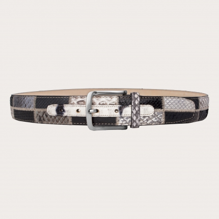 Genuine python leather belt, black and white patchwork