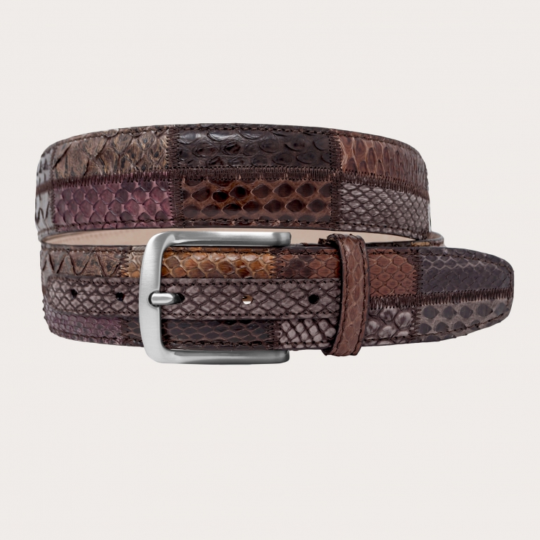 Genuine python leather belt, brown patchwork