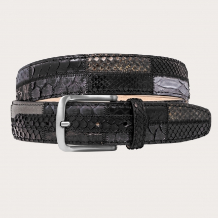 Genuine python leather belt, black patchwork