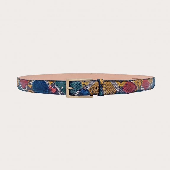 Thin handpainted python belt with nickel free gold buckle, multicolor