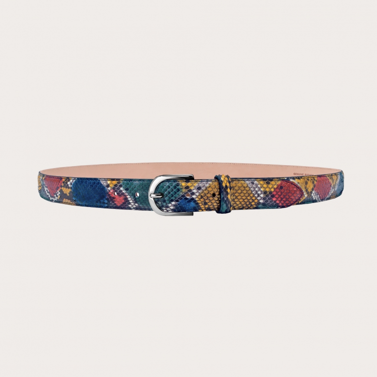 Exclusive nickel free thin belt in hand-buffered python, multicolor