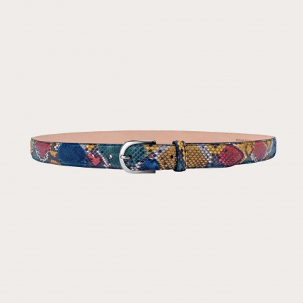 Exclusive nickel free thin belt in hand-buffered python, multicolor