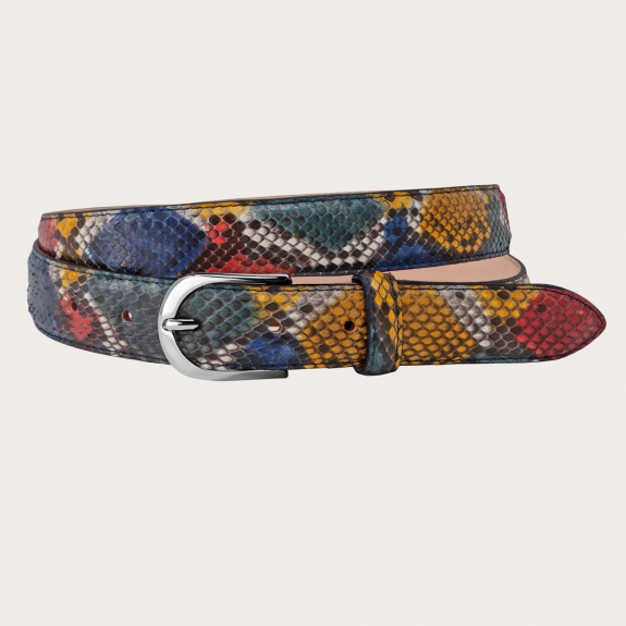BRUCLE Original nickel free thin belt in hand-buffered python, multicolor