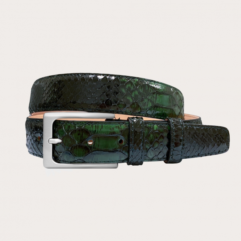 Cinturón refinado en piel de pitón verde brillante
