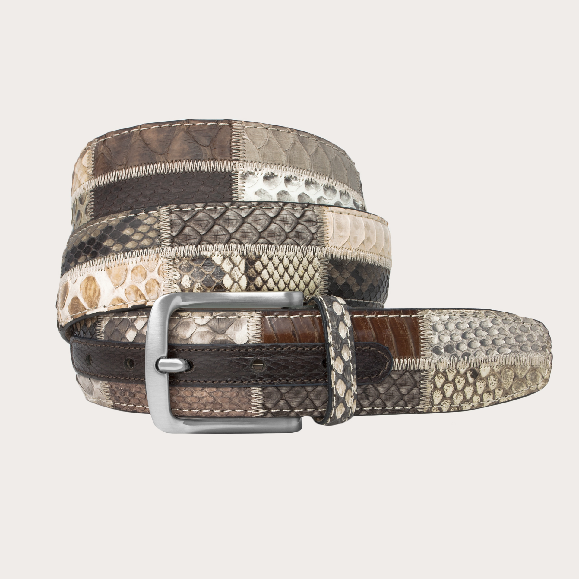 Brown and Beige Python Patchwork Belt Customizable | BRUCLE Luxury