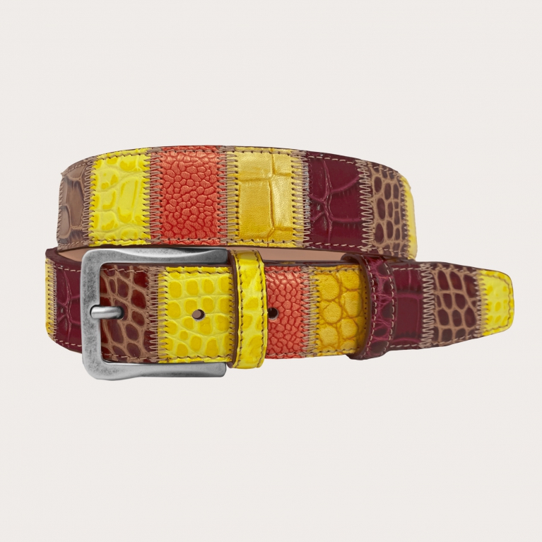 Multicolored patchwork belt in genuine leather