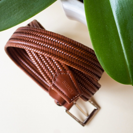 Braided elastic stretch bonded leather belt, brown