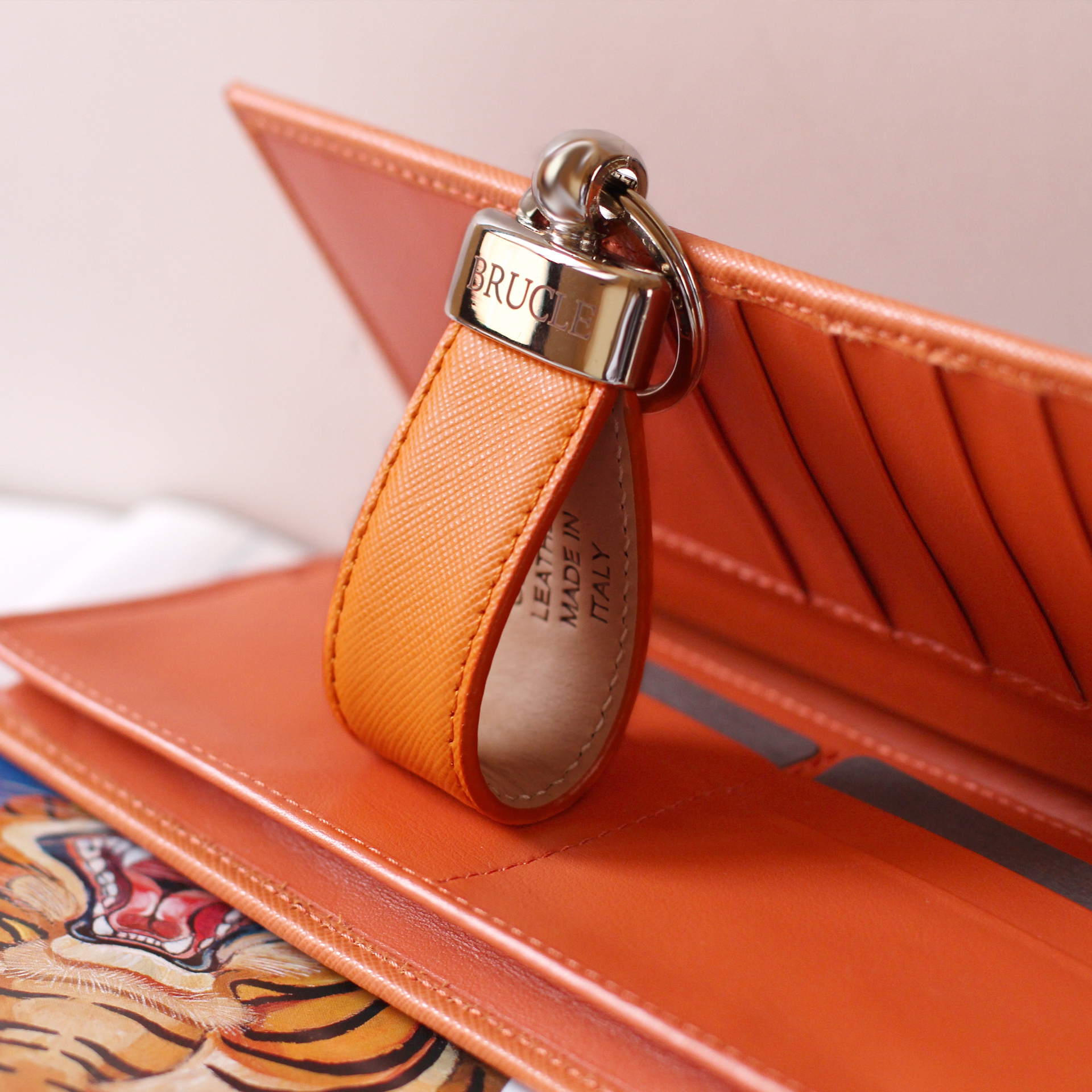 Genuine saffiano Leather keychain orange