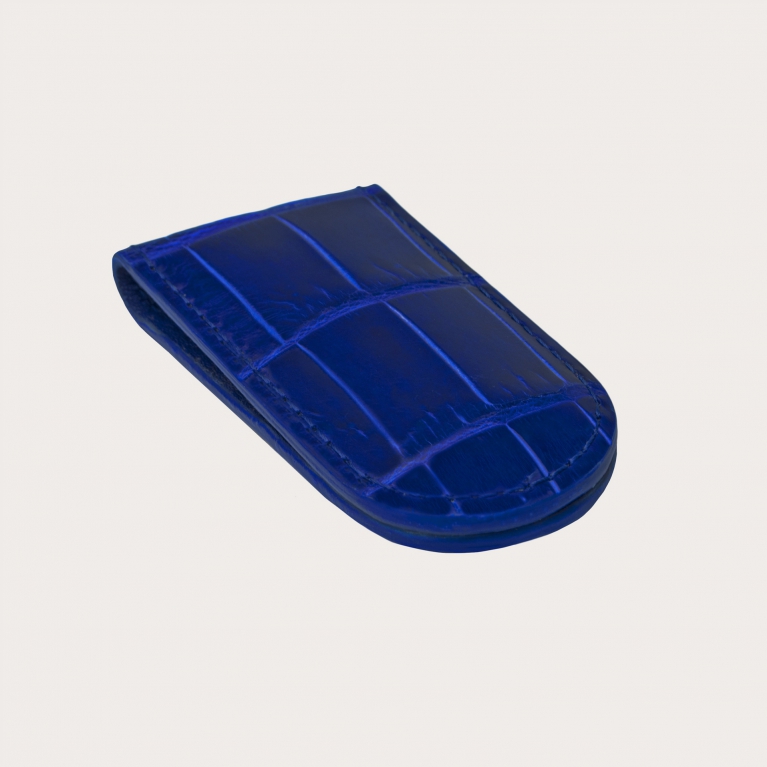 Refined money clip in square scale crocodile leather, Caribbean blue