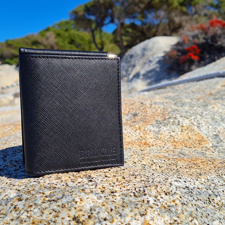Mini portefeuille compact en cuir saffiano avec pince à billets et porte-monnaie, noir