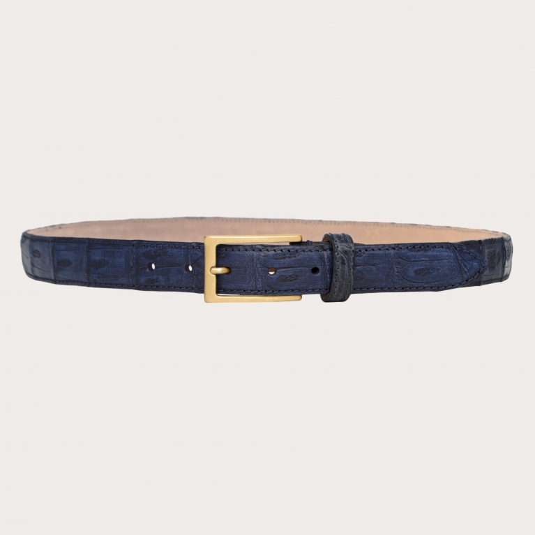 Cinturón fino sin níquel refinado en cola de cocodrilo, azul pintado a mano