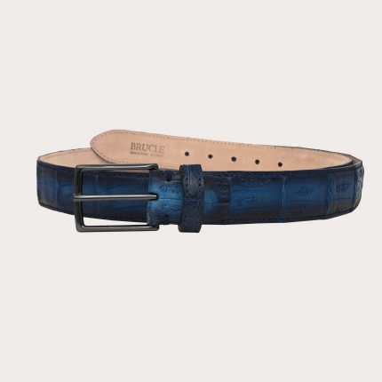 Cintura trendy in pelle di coccodrillo nickel free con patina, blu sfumato