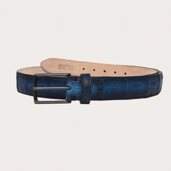 Trendy belt in nickel free crocodile leather with patina, shaded blue