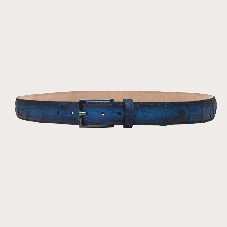 Cinturón Trendy en piel de cocodrilo sin níquel con pátina, degradado azul
