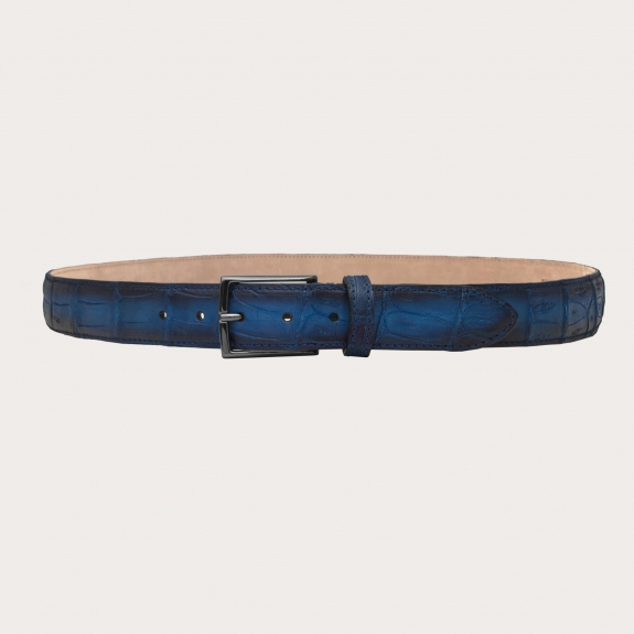 Cintura trendy in pelle di coccodrillo nickel free con patina, blu sfumato
