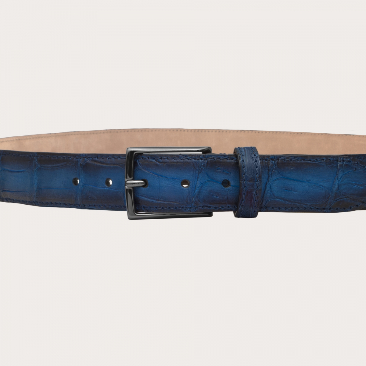 BRUCLE Trendy belt in nickel free crocodile leather with patina, shaded blue