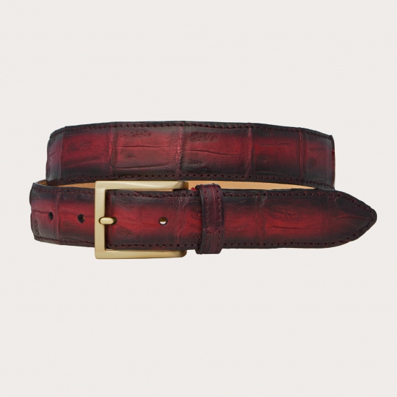 Cinturón libre de níquel patinado a mano para hombre y mujer en cola de cocodrilo, tonos burdeos