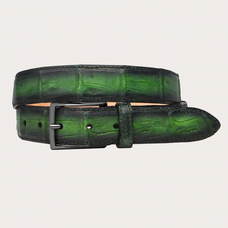 Eleganter Gürtel aus nickelfreiem Krokodilleder mit grün schattierter Patina