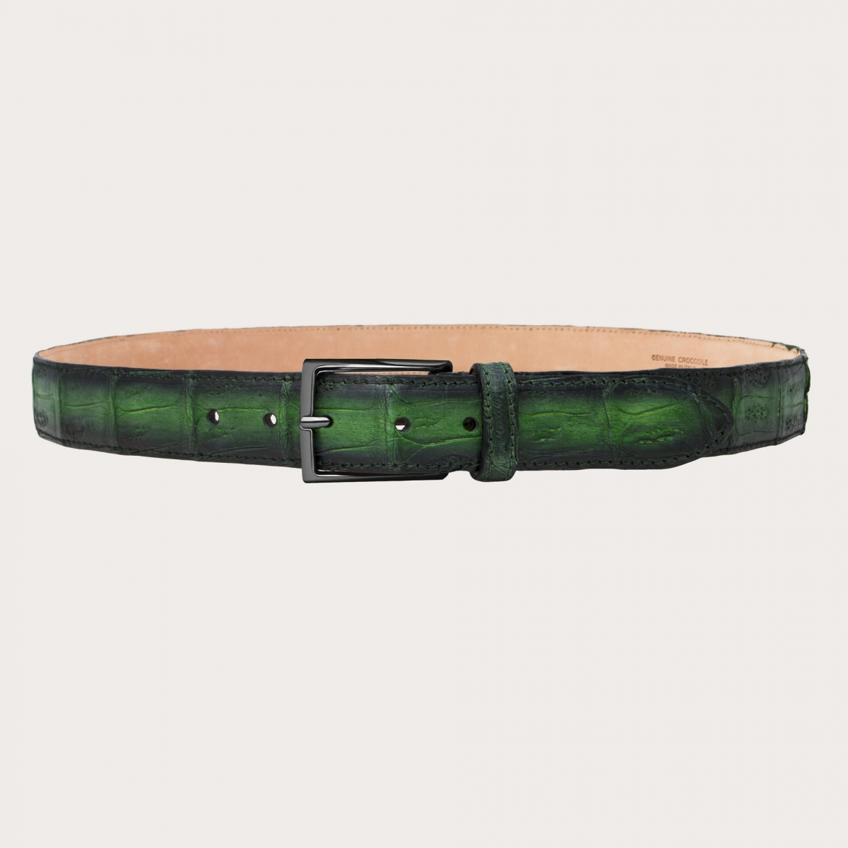 BRUCLE Elegante cinturón en cola de cocodrilo sin níquel con pátina verde degradada