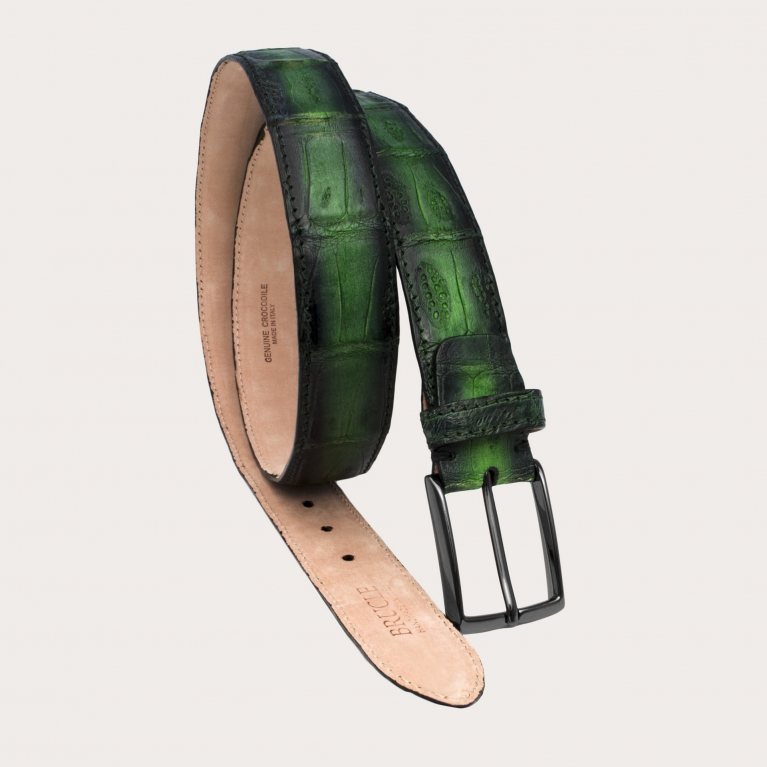 Elegant belt in nickel free crocodile tail with green shaded patina