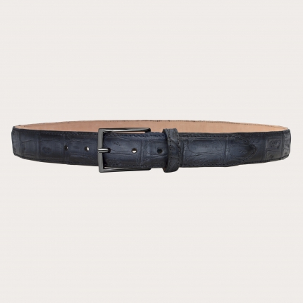 Nickel free belt in crocodile tail with shaded black patina