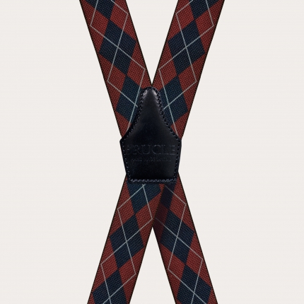 X-shape elastic suspenders with clips, red and blue tartan