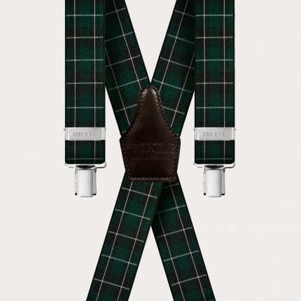 X-shape elastic suspenders with clips, dark green check pattern