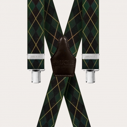 X-shape elastic suspenders with clips, dark green tartan