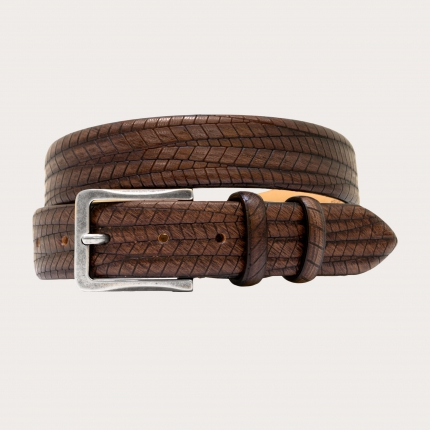 Street print leather belt in dark brown