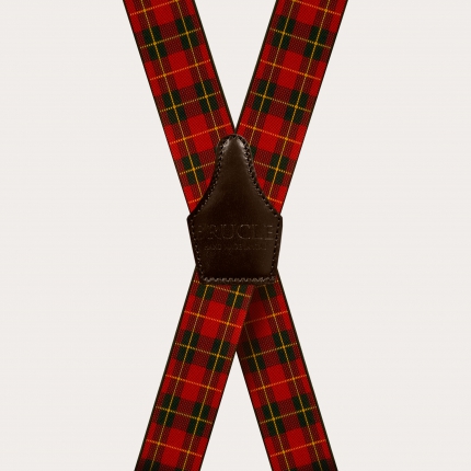 X-shape elastic suspenders with clips, modern red Brodie tartan
