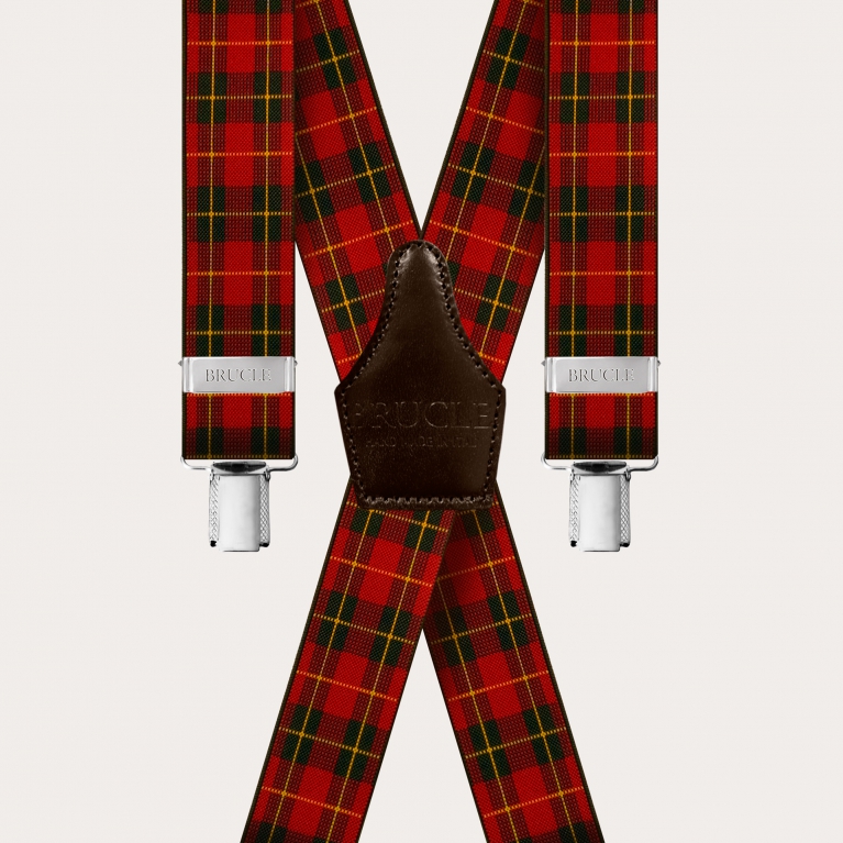X-shape elastic suspenders with clips, modern red Brodie tartan