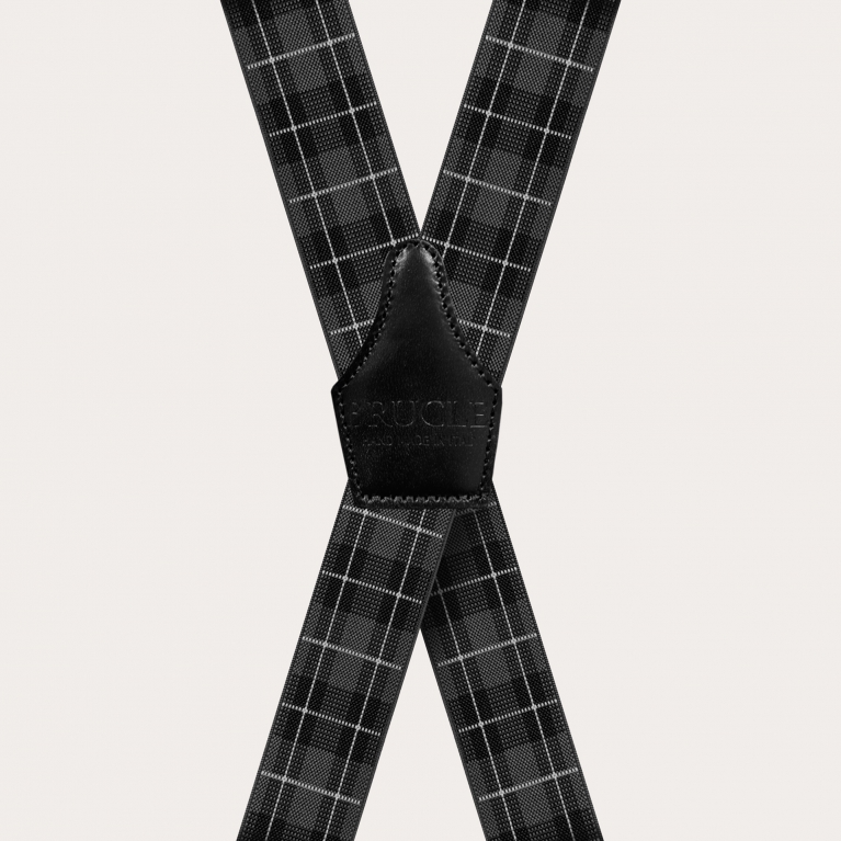 X-shape elastic suspenders with clips, grey tartan