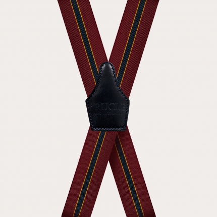 X-shape elastic suspenders with clips, burgundy regimental