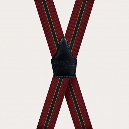 X-shape elastic suspenders with clips, burgundy regimental