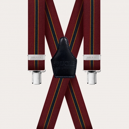 X-shape elastic suspenders with clips, burgundy regimental