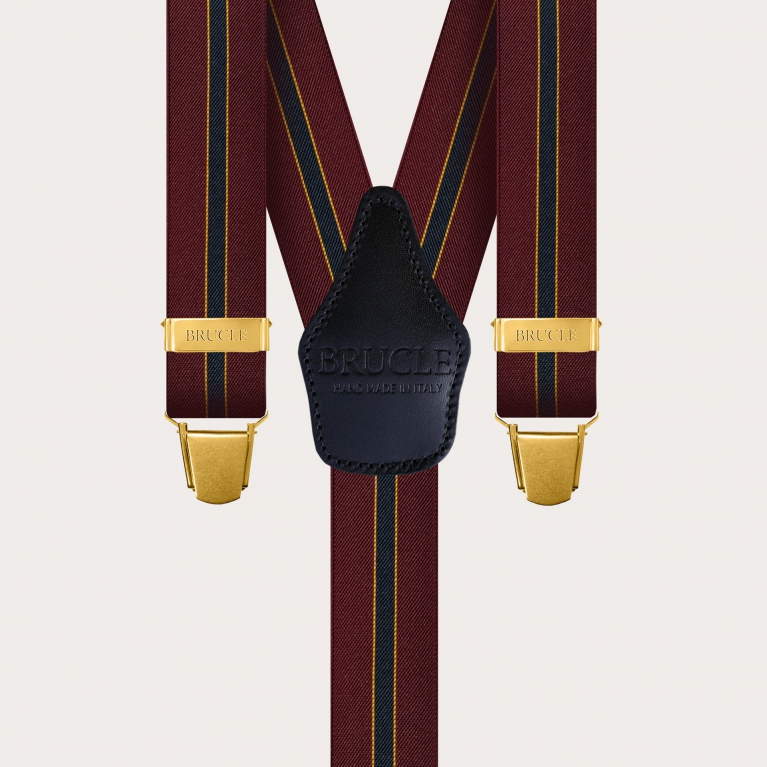 Y-shape elastic suspenders with golden clips, burgundy regimental