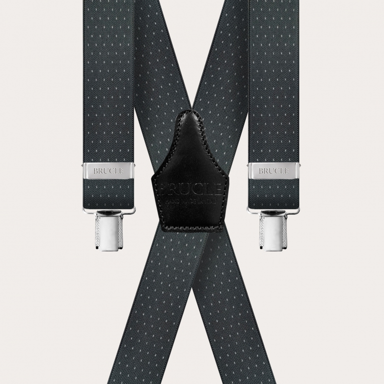 X-shape elastic suspenders with clips, dotted grey
