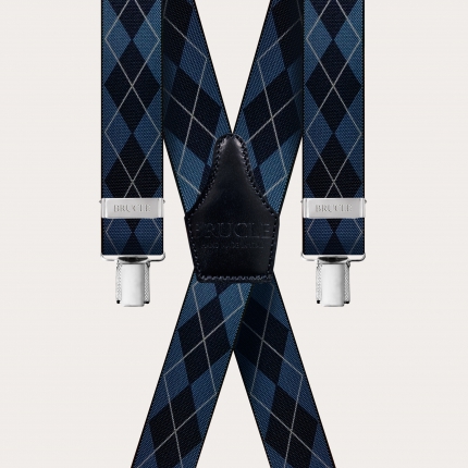 X-shape elastic suspenders with clips, blue navy check pattern