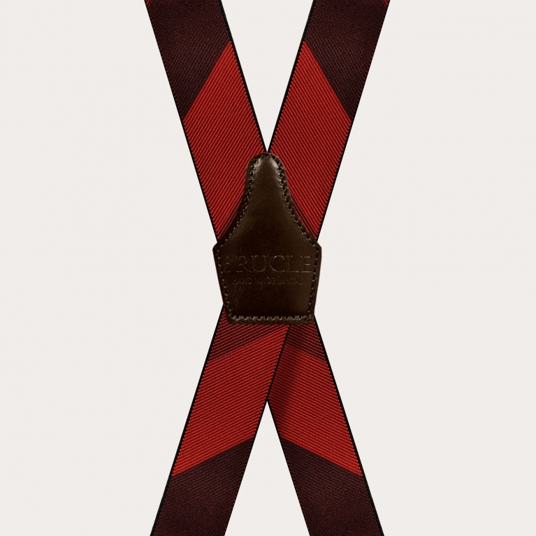 X-shape elastic suspenders with clips, dark brown and red striped