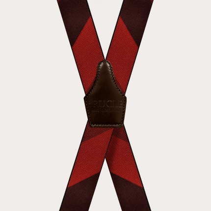 X-shape elastic suspenders with clips, dark brown and red striped