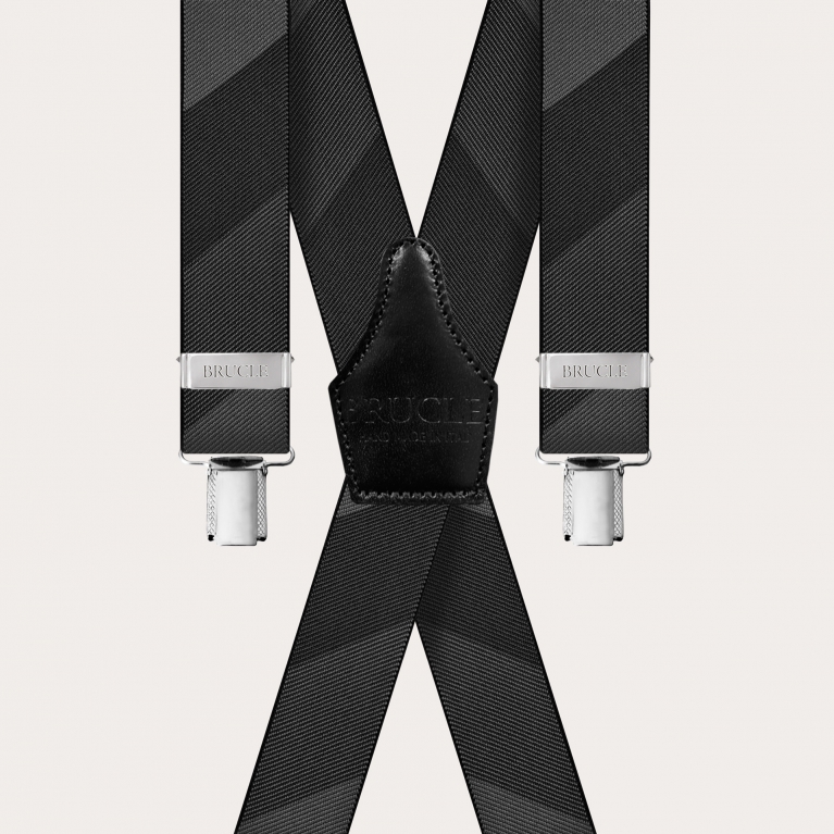 X-shape elastic suspenders with clips, black and grey striped