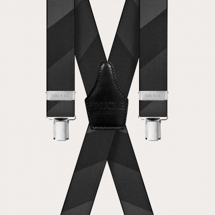 X-shape elastic suspenders with clips, black and grey striped